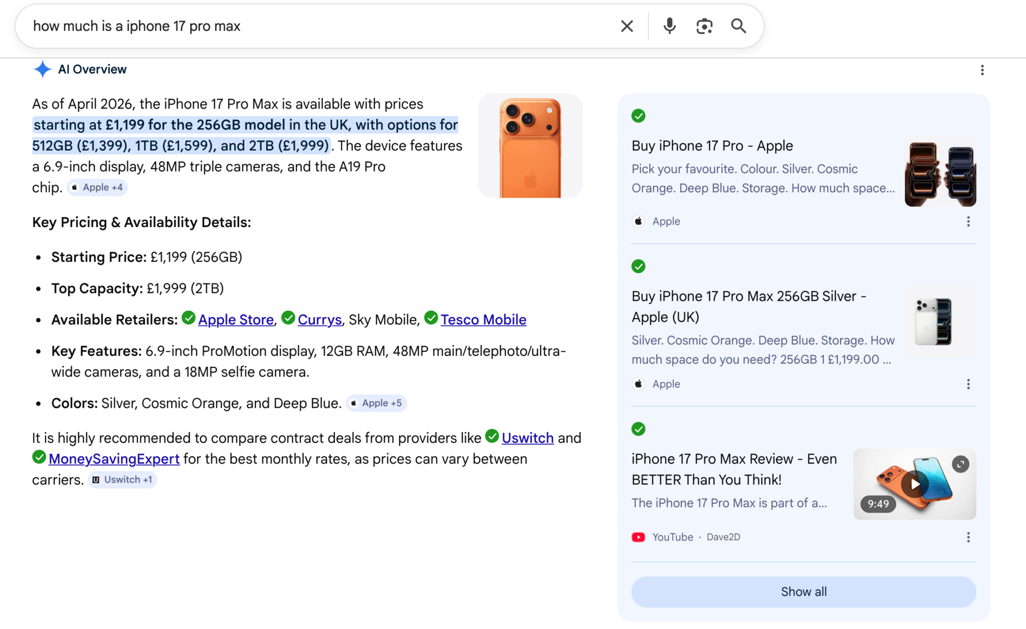 AI Search result example for how much is a iPhone 17 pro max